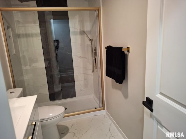 300 E 4th St, Saint David, IL 61563 - bathroom with toilet, marble finish floor, a marble finish shower, and vanity