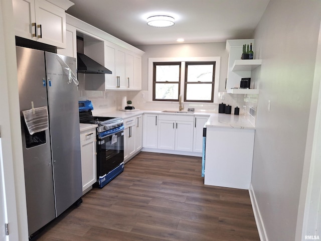 300 E 4th St, Saint David, IL 61563 - kitchen featuring wall chimney range hood, open shelves, a sink, freestanding refrigerator, and black range with gas stovetop