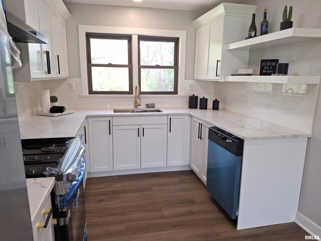 300 E 4th St, Saint David, IL 61563 - kitchen featuring electric stove, open shelves, range hood, a sink, and dishwashing machine