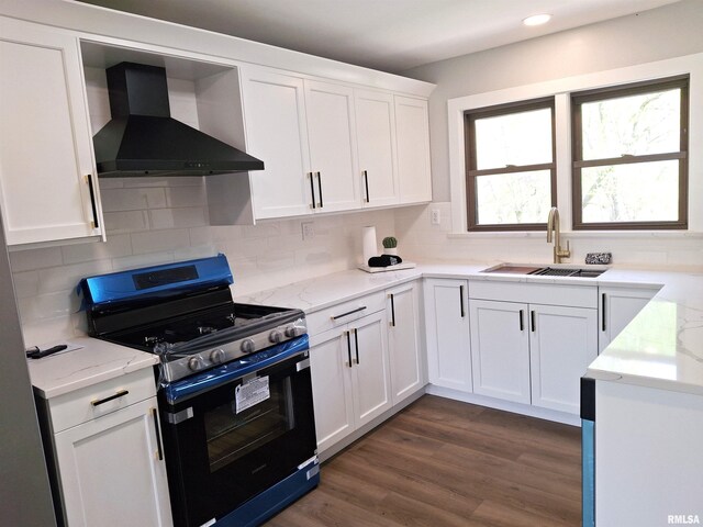 300 E 4th St, Saint David, IL 61563 - kitchen with backsplash, open shelves, dark wood-type flooring, and a sink