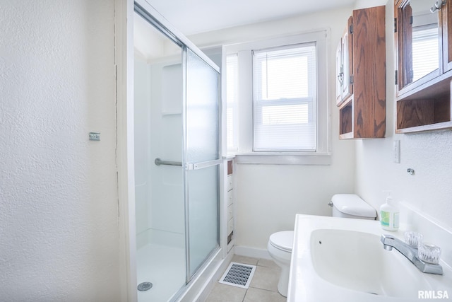 bathroom with visible vents, a sink, a wealth of natural light, and a shower stall