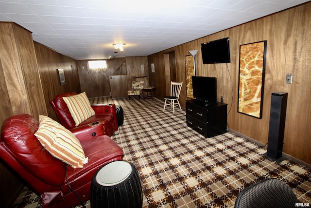 living room featuring wood walls