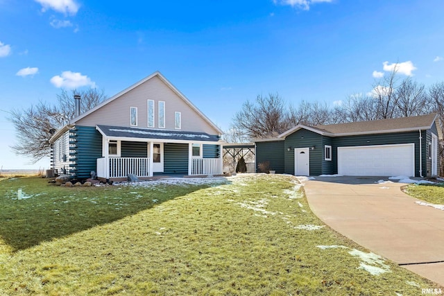 view of front of house featuring a porch, central AC unit, a garage, driveway, and a front lawn