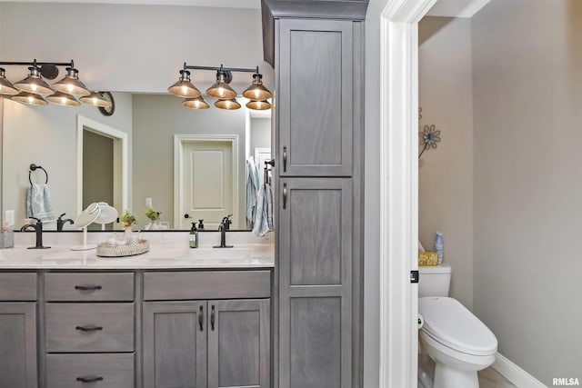 bathroom with toilet, a sink, baseboards, a closet, and double vanity