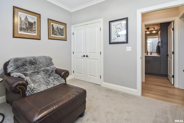 sitting room with light colored carpet, crown molding, and baseboards