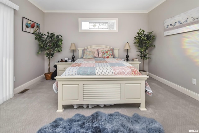 bedroom featuring light carpet, baseboards, visible vents, and crown molding