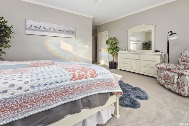 bedroom featuring light carpet and crown molding