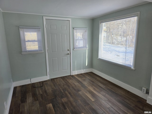 entryway featuring dark wood-type flooring, baseboards, a wealth of natural light, and ornamental molding