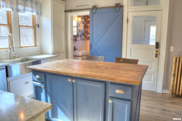 644 S Randolph St, Macomb, IL 61455 - kitchen featuring white cabinets, butcher block counters, a sink, blue cabinetry, and a wealth of natural light