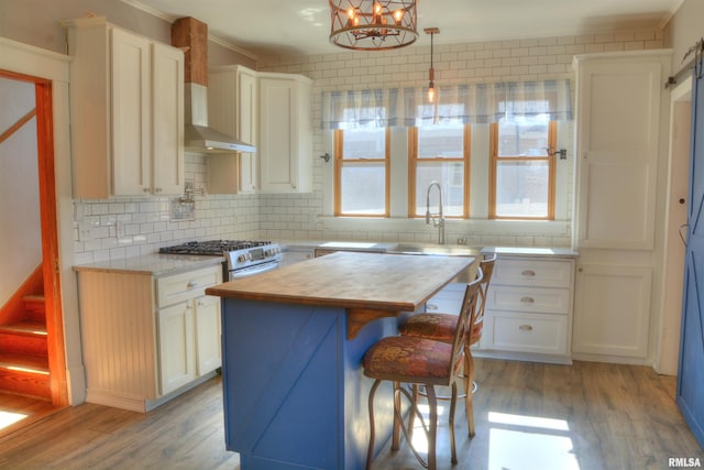 644 S Randolph St, Macomb, IL 61455 - kitchen with decorative light fixtures, light countertops, light wood-style flooring, white cabinetry, and a kitchen island