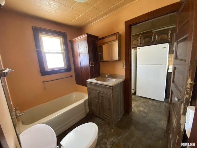 bathroom featuring toilet, walk in shower, a bath, and vanity