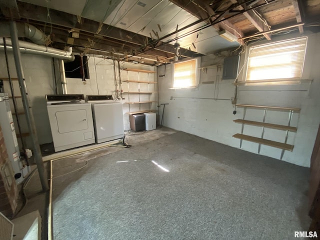 basement with washer and dryer and electric panel