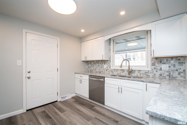 kitchen featuring a sink, visible vents, white cabinets, stainless steel dishwasher, and light stone countertops