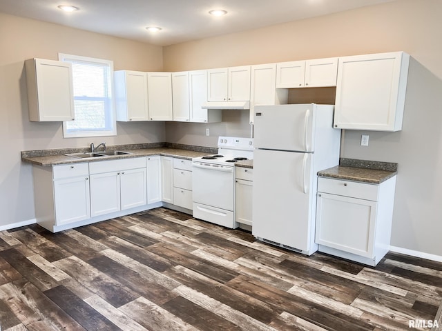 kitchen featuring dark wood-style floors, white appliances, a sink, and white cabinetry