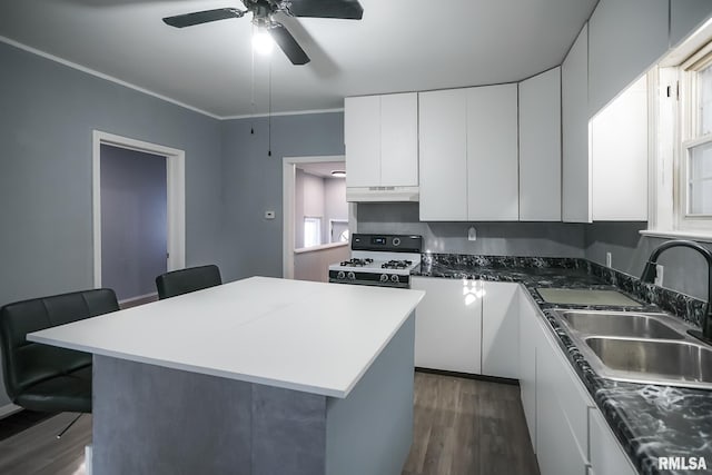 kitchen with a kitchen breakfast bar, gas range gas stove, under cabinet range hood, white cabinetry, and a sink