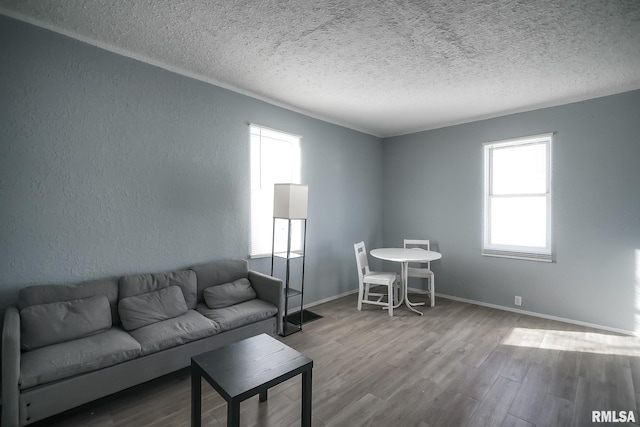 living room with a textured ceiling, a textured wall, wood finished floors, and baseboards