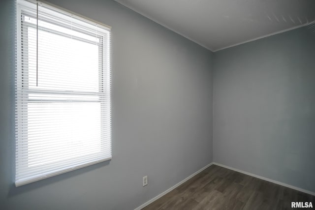 spare room featuring a healthy amount of sunlight, dark wood-style flooring, and baseboards