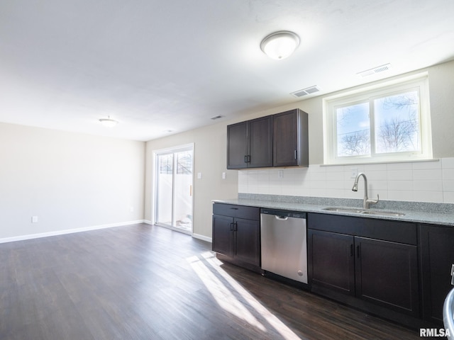 kitchen with tasteful backsplash, visible vents, stainless steel dishwasher, a sink, and dark brown cabinets