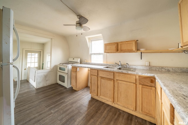 kitchen with light brown cabinets, white appliances, a sink, light countertops, and dark wood-style floors