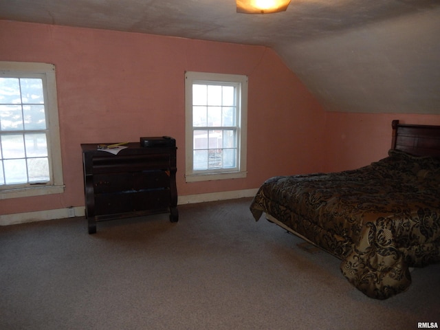 carpeted bedroom with lofted ceiling and multiple windows