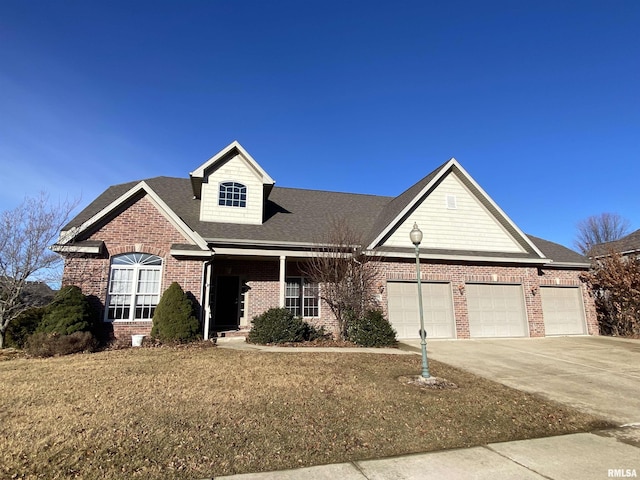 view of front of home featuring a shingled roof, concrete driveway, brick siding, and an attached garage