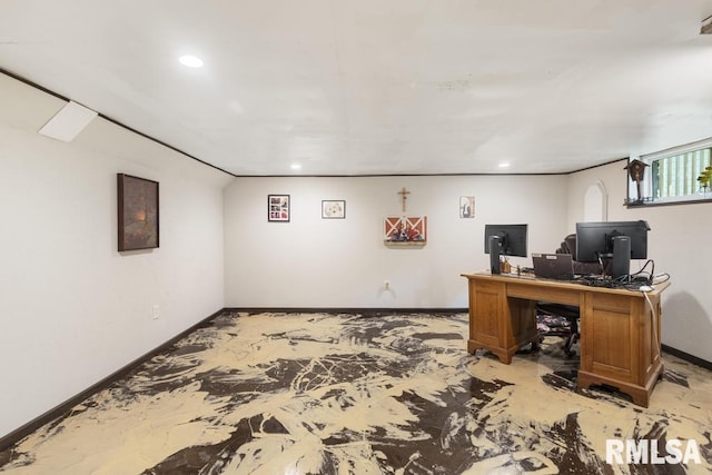 home office featuring baseboards and recessed lighting