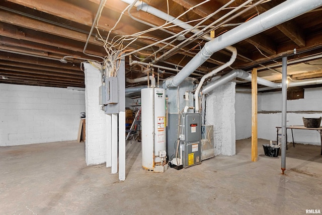 unfinished basement with electric panel, heating unit, and water heater