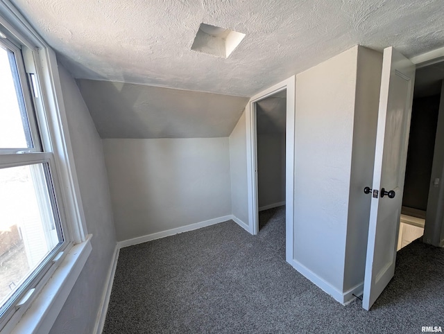 additional living space with a textured ceiling, carpet floors, vaulted ceiling, and baseboards