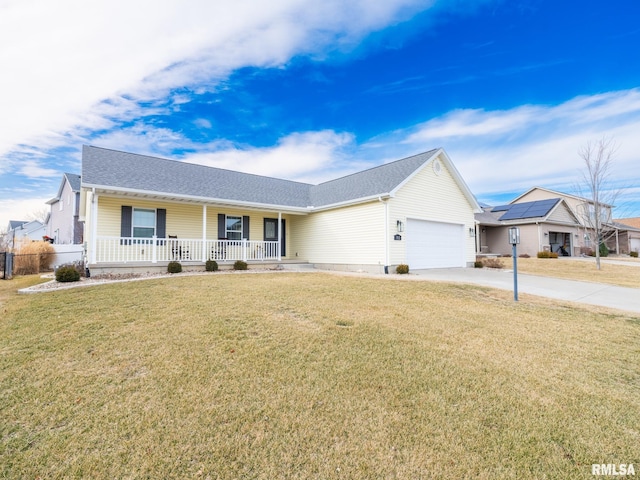 single story home with an attached garage, covered porch, a front lawn, and concrete driveway