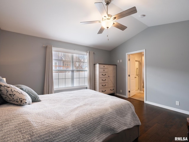 bedroom featuring lofted ceiling, ceiling fan, dark wood-type flooring, and baseboards