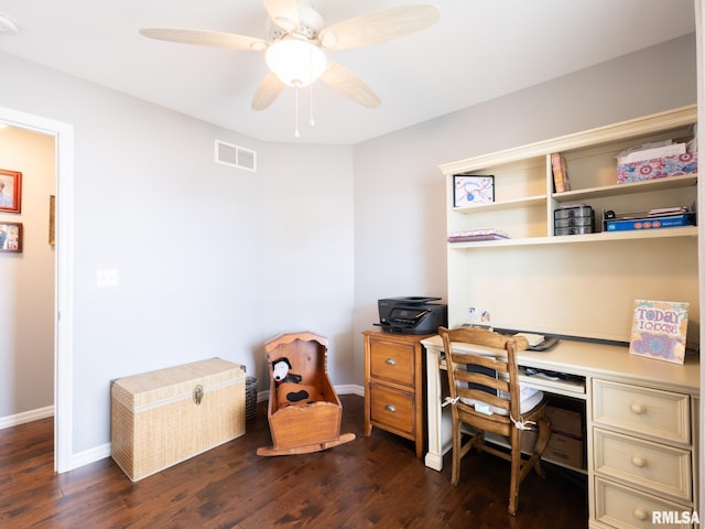 office featuring a ceiling fan, baseboards, visible vents, and dark wood-type flooring