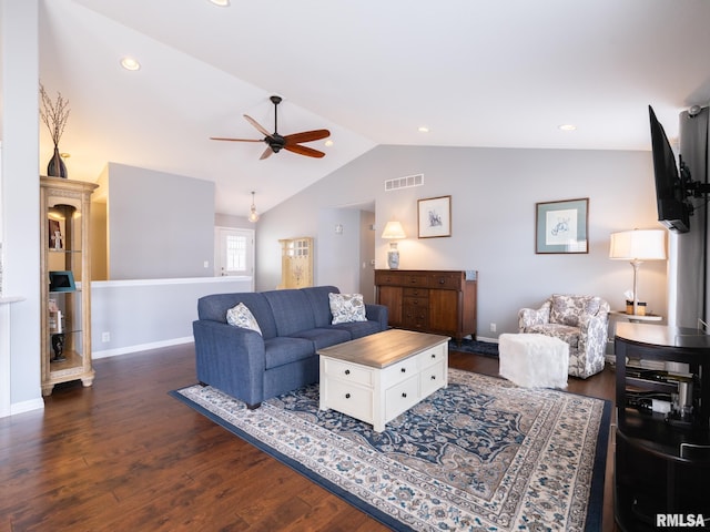 living room with baseboards, visible vents, lofted ceiling, dark wood-type flooring, and recessed lighting