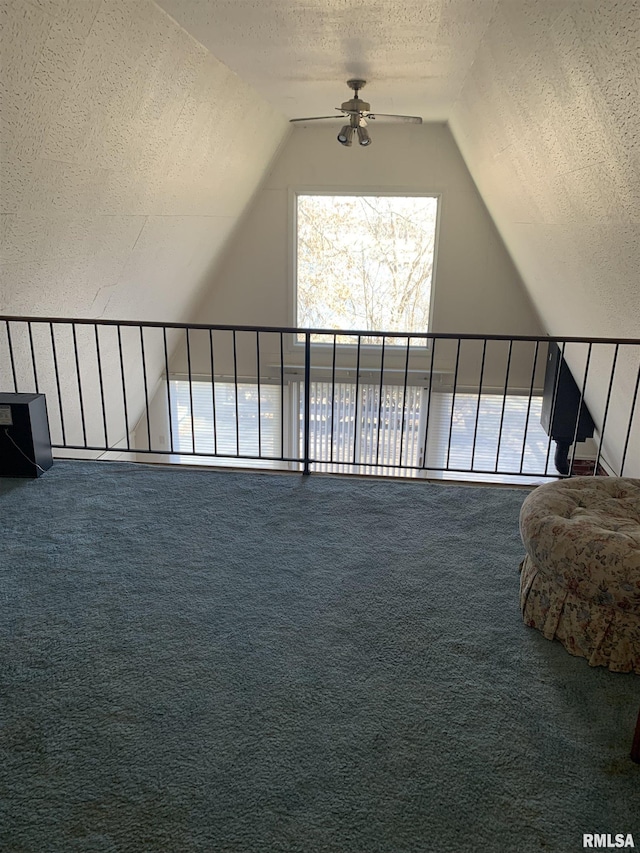 additional living space with a textured ceiling, carpet flooring, and lofted ceiling