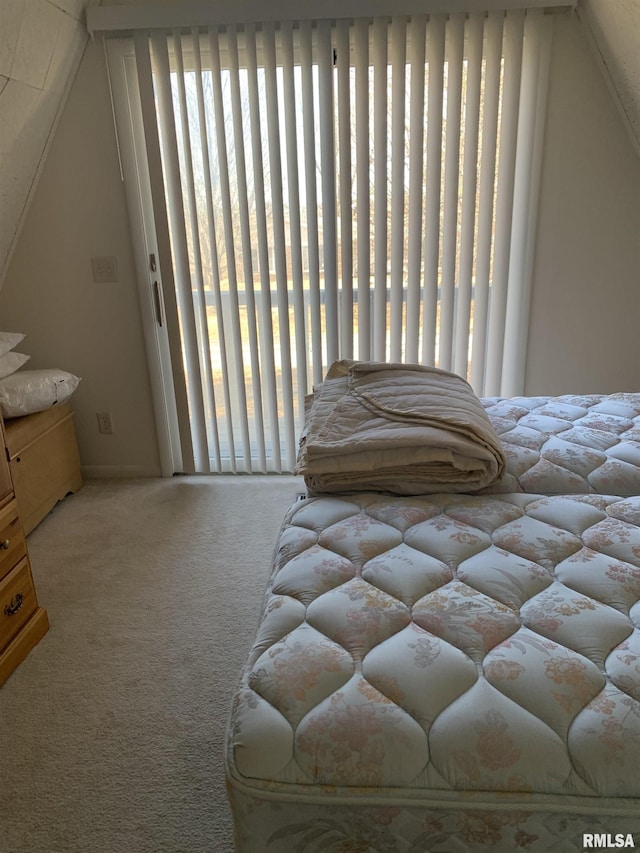 bedroom with lofted ceiling and carpet floors