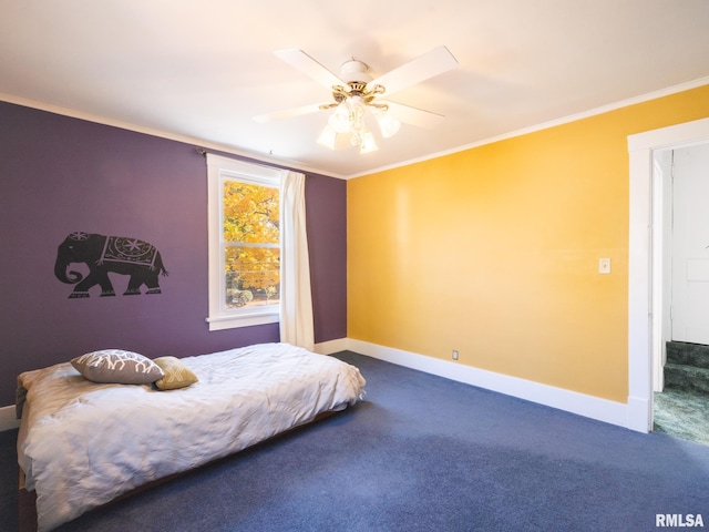 bedroom featuring ceiling fan, carpet floors, ornamental molding, and baseboards