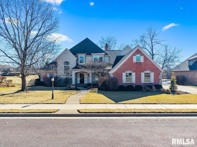 view of front of home featuring brick siding, a chimney, and a front yard