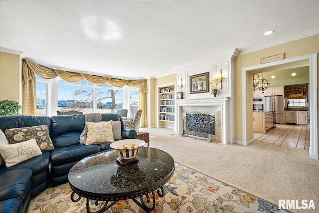 living room with ornamental molding, recessed lighting, light colored carpet, and a premium fireplace