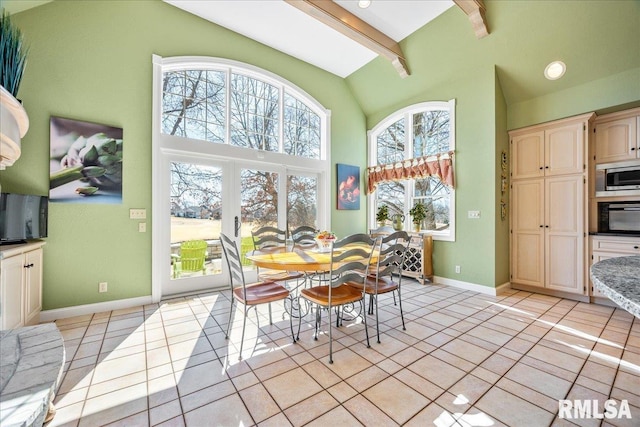 dining room featuring light tile patterned floors, recessed lighting, high vaulted ceiling, beamed ceiling, and baseboards