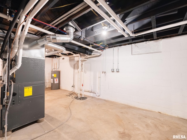 unfinished basement featuring water heater and heating unit