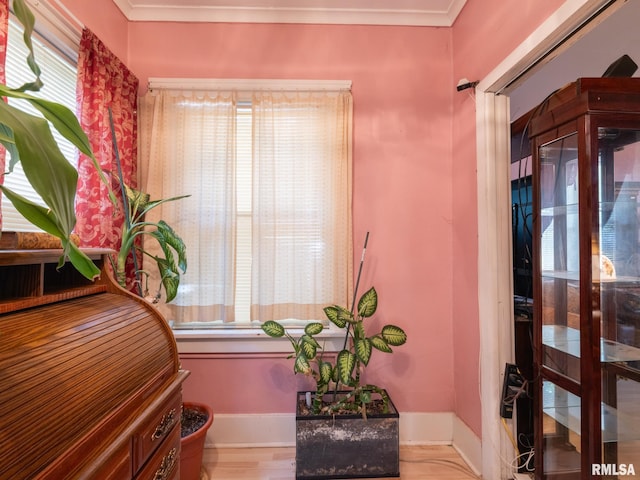 interior details with baseboards and crown molding