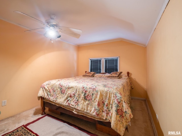 bedroom with carpet floors, lofted ceiling, ornamental molding, a ceiling fan, and baseboards