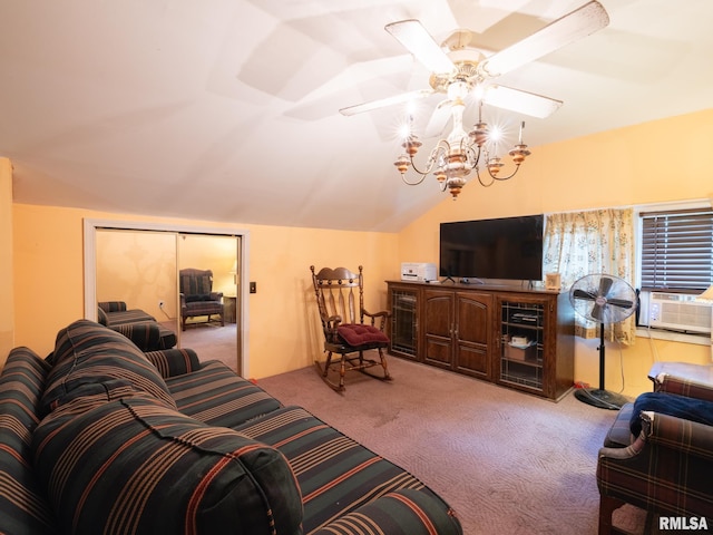 living area with carpet floors, lofted ceiling, cooling unit, and ceiling fan