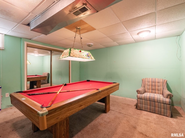 recreation room with a paneled ceiling, carpet, billiards, and visible vents