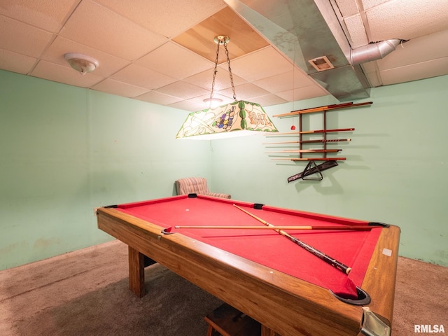 game room featuring a paneled ceiling, carpet, billiards, and visible vents