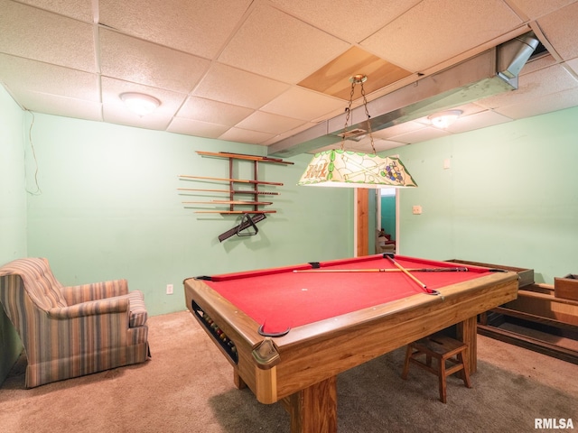 game room with pool table, carpet, and a paneled ceiling