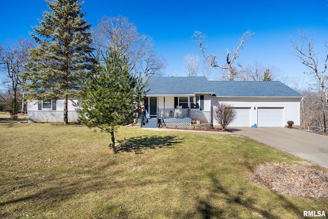 ranch-style house with an attached garage, covered porch, a front lawn, and concrete driveway