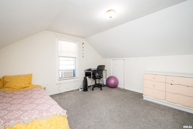 carpeted bedroom with vaulted ceiling, cooling unit, and baseboards