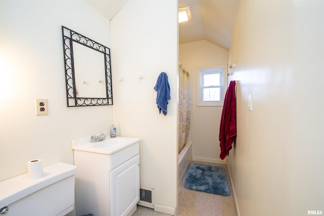 full bathroom with visible vents, lofted ceiling, toilet, shower / tub combo with curtain, and vanity