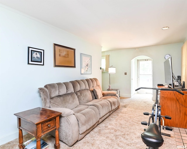 carpeted living area featuring arched walkways and baseboards