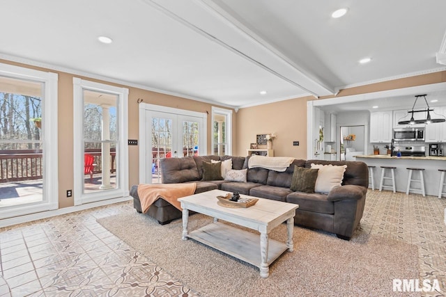 living room featuring beamed ceiling, recessed lighting, french doors, crown molding, and light tile patterned floors